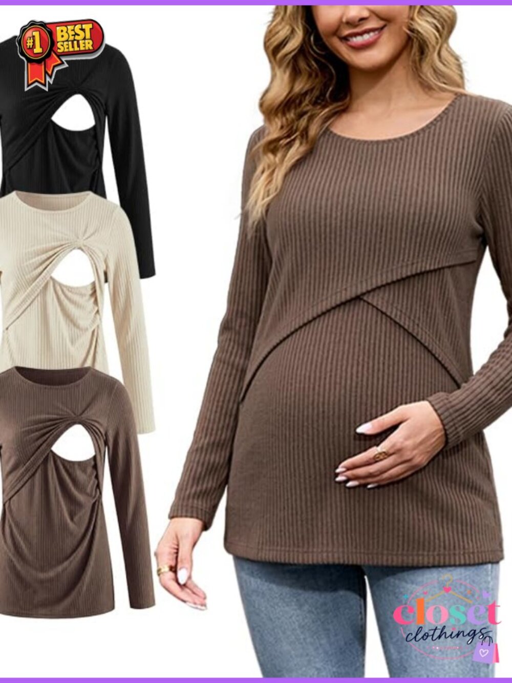 Maternity Nursing Tops 3Pack Ribbed Long Sleeve Lift-Up Breastfeeding Shirts